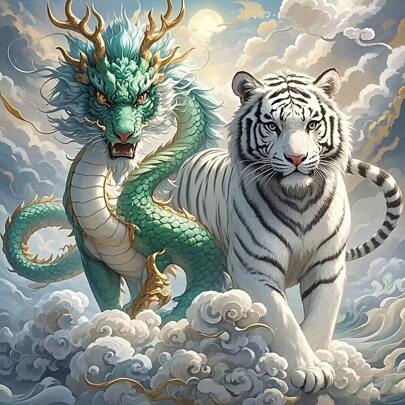 1 pieza Kit de Pintura de Diamantes 5D, Dragón y Tigre, Criaturas Mitológicas, Pintura de Diamantes Redondos de Perforación Completa, Bordado de Punto de Cruz, Decoración de Pared de Lienzo