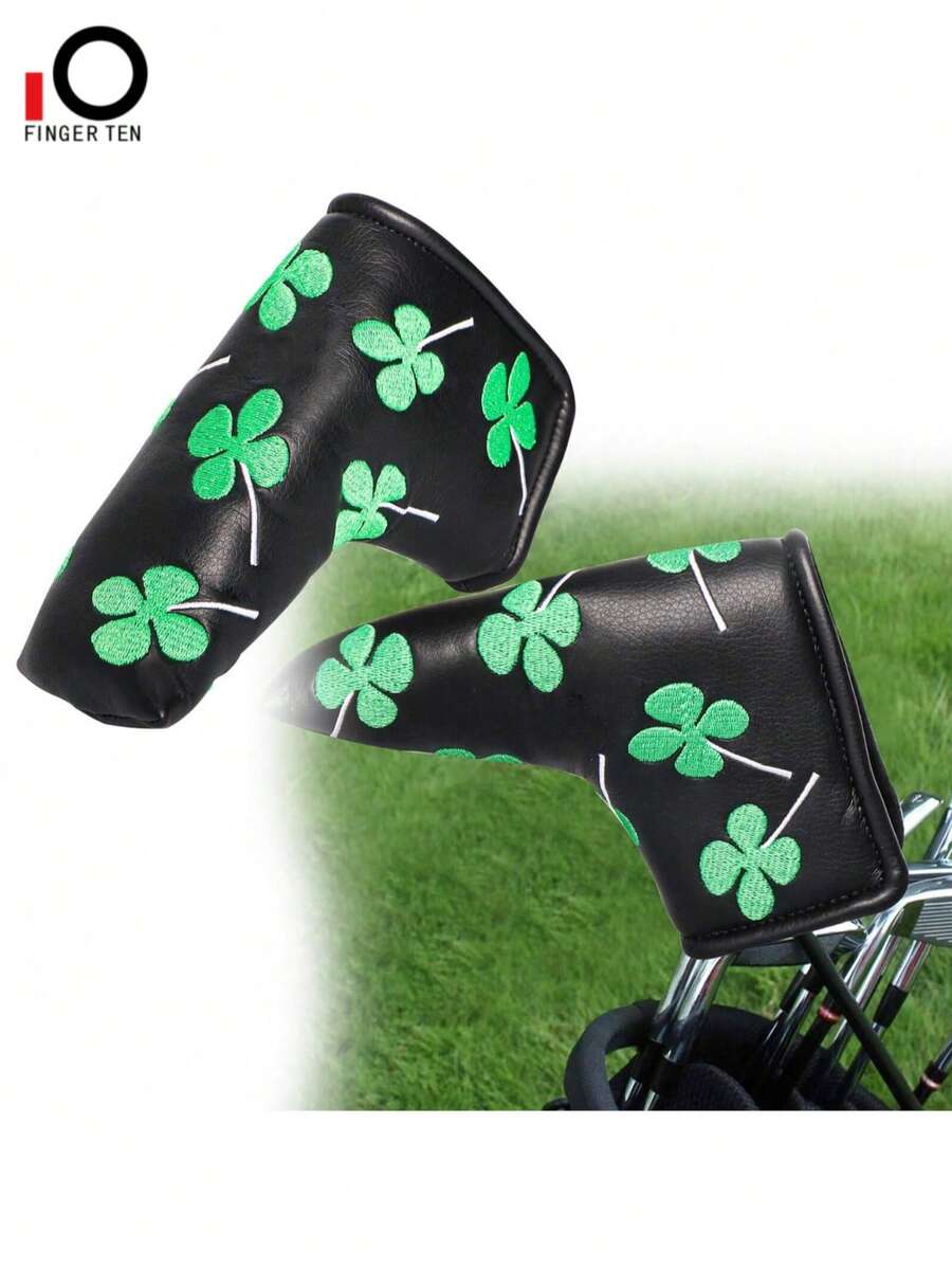 FINGER TEN 1 Pc PU Leather Four Leaf Clover Embroidered Golf Putter Head Covers, With Hook And Loop Fastener Closure - White - View 1