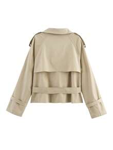2025春秋欧美风女式风衣领带双排扣口袋夹克 - 卡其色 - 查看 4