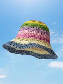 1Pc Kid Rainbow Sun Protection Crochet Bucket Hat For Vacation Travel - Rainbow Children's Straw Hat - View 7
