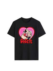 Women's Summer New Cute Cartoon Popeye Print Round Neck Short Sleeve T-Shirt, Fashionable & Versatile, Suitable For Everyday Wear - Black - View 3