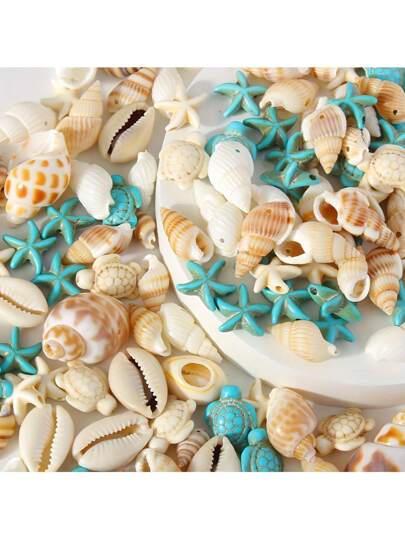 Zestaw 65 zawieszek w stylu plażowym: różne naturalne muszle, muszle, rozgwiazdy i wisiorki żółwie - idealne do samodzielnego wyrobu biżuterii, bransoletek, naszyjników, kolczyków, bransoletek na kostkę i łańcuszków na talię - kolorowe akcesoria o tematyce oceanicznej, biżuteria plażowa