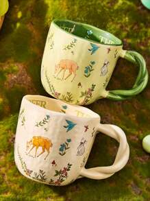 1pc 300ml Ceramic Cup With Nature-Inspired Texture, Braided Handle, Cartoon Design, Suitable For Home & Office Use