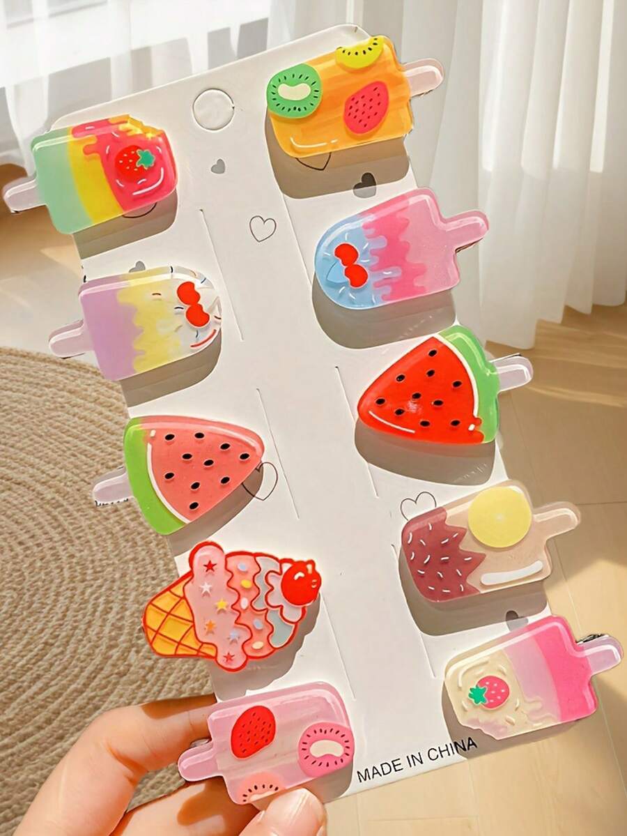Set de 10 pinzas para el cabello con diseño de helado multicolor, accesorios para el cabello con estilo de aperitivo creativos, nuevas pinzas para el flequillo, moda y lindos, adecuados para vacaciones, regalos, viajes - Multicolor - Ver 1