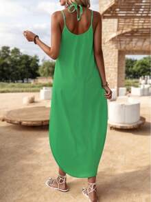 Vestido Midi Holgado de Escote en V con Tirantes - Verde - Ver 2