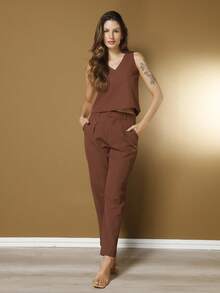 Tailored Set Elegant Set Set Of Palazzo Pants And Blouse - 棕色 - 查看 1