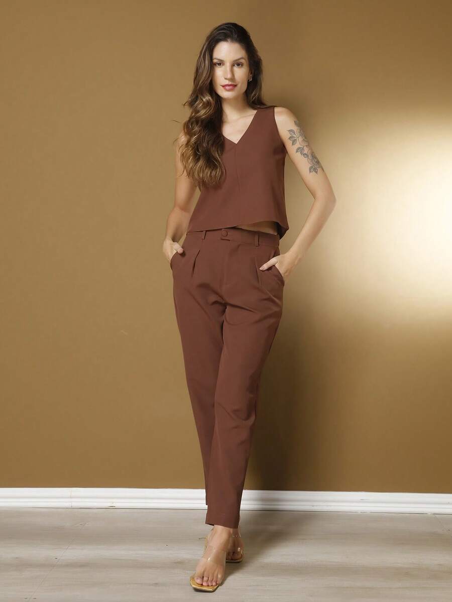 Tailored Set Elegant Set Set Of Palazzo Pants And Blouse - 棕色 - 查看 1