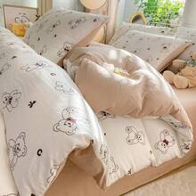 1set Brown Cartoon Bear Duvet Cover 3pcs Set, Soft Breathable Washed Fiber Cute Bear Bedding Textile Set, Suitable For Children Boys Girls Bedroom Decor In Spring/Summer, (1 Duvet Cover + 2 Pillowcases), Without Filler, Pillowcase Pattern Random Cut - White - View 6