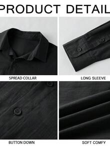Runcati Mens Button Down Shirt Linen Cotton Shirts Casual Long Sleeve Spread Collar Lightweight Beach Plain Tops - màu đen - Xem 5