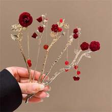 1 Peça Presilha de Cabelo com Flor de Camélia Vermelha, Suporte Elegante para Coque, Acessório de Cabeça Estilo Chinês Hanfu com Borla, Pente de Cabelo para Outono/Inverno, Pente Lateral, Material Escolar