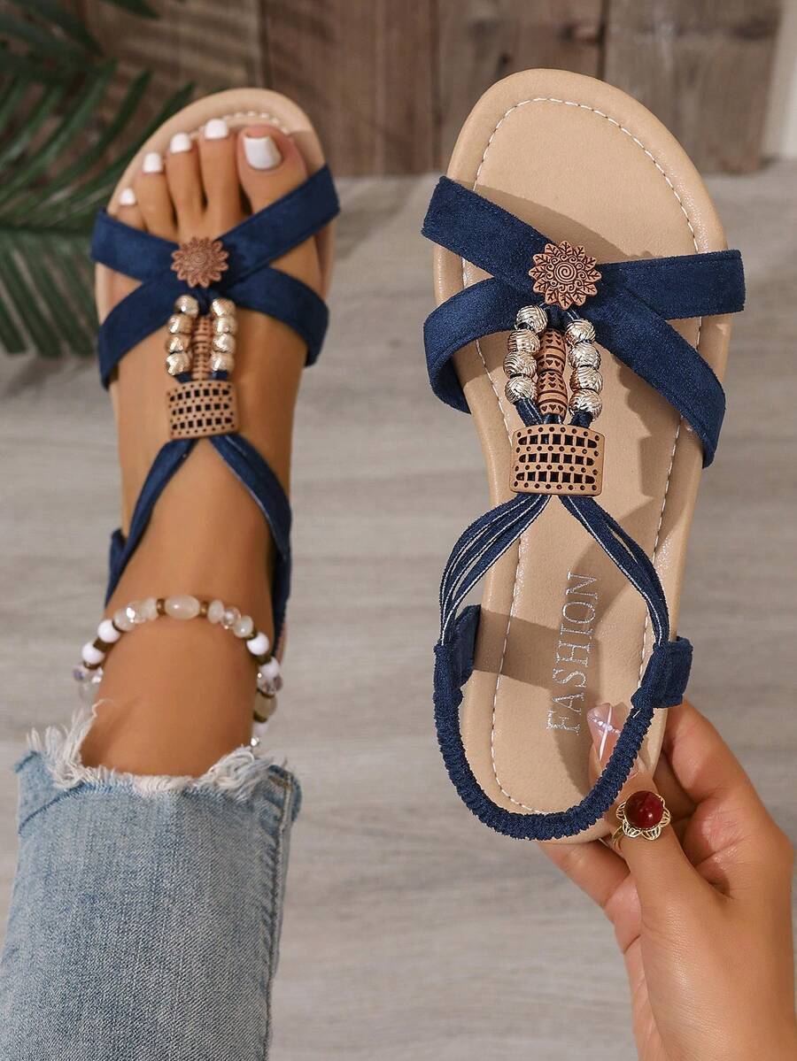 Women's Summer Flat Beaded Thong Sandals, Fashionable, Summer, Vintage, Bohemian, Blue,Beach Outfits - Denim Blue - View 1
