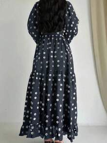 女士优雅迷你碎花灯笼袖阿拉伯连衣裙，端庄大方