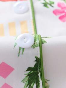 2 件套女士花叶印花休闲口袋纽扣睡衣套装，适合夏季和所有季节 - 杏色 - 查看 9