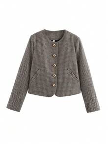Women's Casual Houndstooth Jacket - Round Neck Single Button Long Sleeve Coat With Pockets - Multicolor - View 5