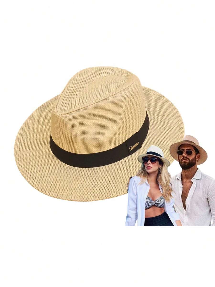 FASHION PANAMA HAT SHANTUNG FEDORA STRAW BLACK BAND QUALITY PROMOTION - Beige - View 1