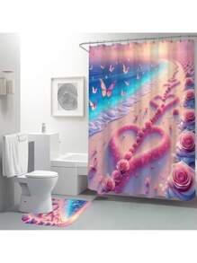1 peça/4 peças Conjunto de Cortina de Chuveiro com Cenário de Praia Refrescante e Floral, Cria uma Atmosfera Romântica para o Banheiro, Cortina Impressa com 12 Ganchos, Tapete de Banheiro, Tapete em Forma de U para Vaso Sanitário, Tampa de Assento do Vaso Sanitário, Divisória de Banheiro, Acessórios de Banheiro, Decoração de Banheiro
