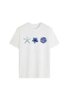 Summer Apricot Short Sleeve Top, Decorated With Shell And Starfish Pattern. Loose Fit, Easy To Match, Suitable For Casual And Vacation Wear. - White - View 5