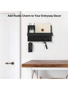 Decorative Wall Mounted Key & Mail Holder Rack With Shelf, Includes Large Hooks For Hanging Bags, Coats, Umbrellas - Wooden Key Organizer With Installation Accessories - 5 Hooks - View 3