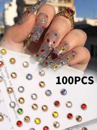 100 pièces de pierres de strass de différents bords pour l'art des ongles - pierres précieuses multicolores DIY glamour, fournitures de décorations d'ongles charmantes