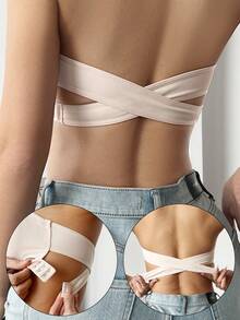 1pc Women's Wireless Side Buckle Sexy Backless Lace Bra, Breathable & Comfortable Without Padding - Apricot - View 5