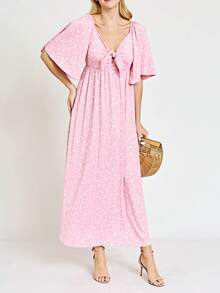 Boho Retro Floral Dot Rayon Mix Casual  Maxi Dress With Angel Sleeve Front Tie Versatile Summer Maxi Long Dress For Women - 粉色 - 查看 4