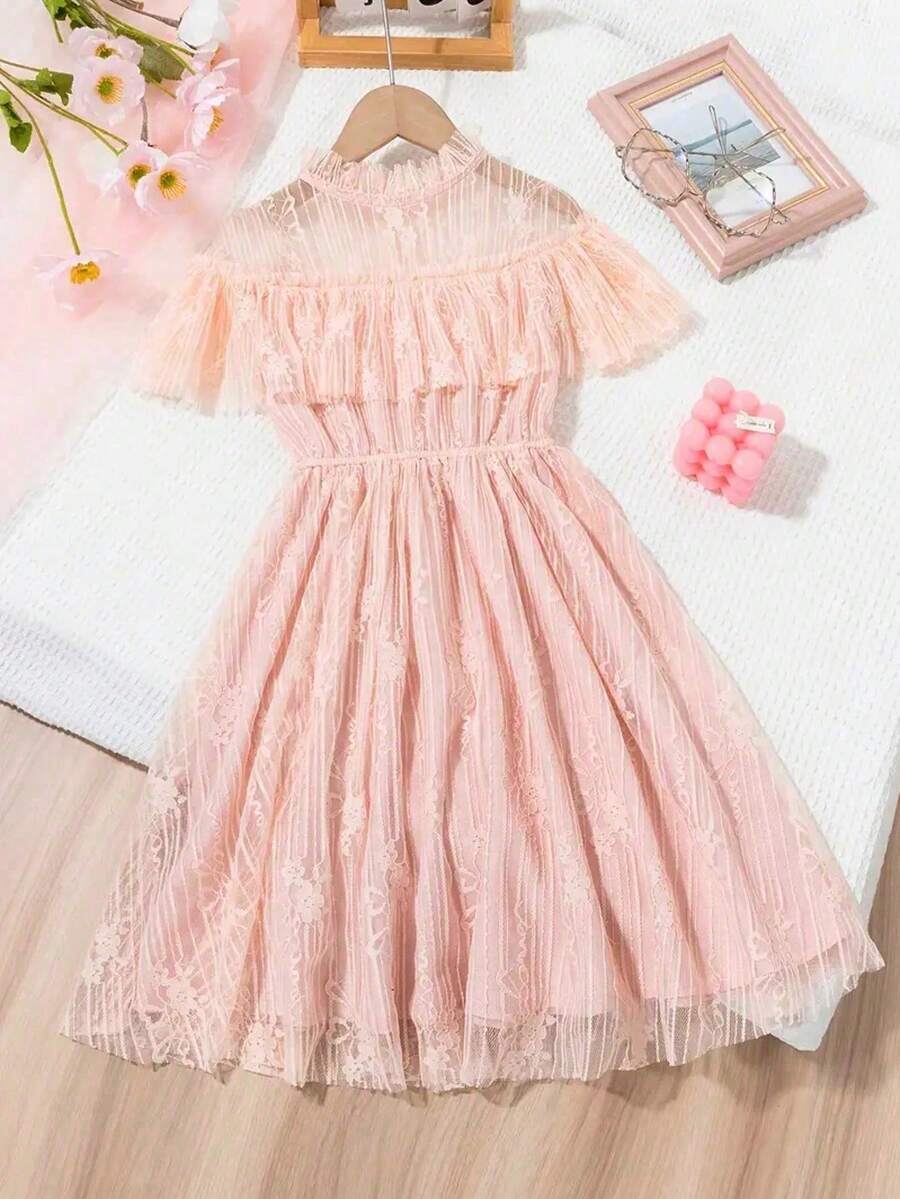 Robe d'été élégante pour filles, mode coréenne 100% polyester avec détails en dentelle, robe de princesse couleur unie avec un léger stretch, coupe près du corps pour enfants - Rose bonbon - Voir 1