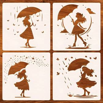 4Pcs Girl With Umbrella Stencil For Painting On Walls, 6-Inch Rainy Day Theme Stencil Reusable, Butterfly Woman Drawing Stencil For Wood Signs Tiles Fabrics Canvas Scrapbooking Home Decor DIY Art Projects,Back To School,School Supplies