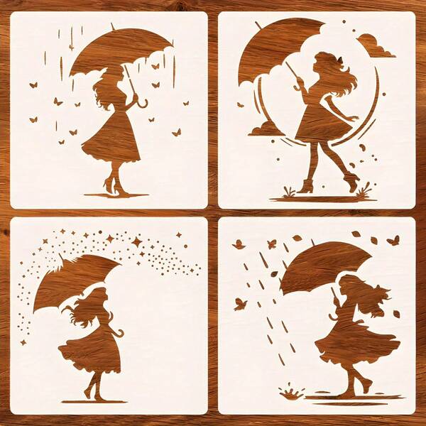 4Pcs Girl With Umbrella Stencil For Painting On Walls, 6-Inch Rainy Day Theme Stencil Reusable, Butterfly Woman Drawing Stencil For Wood Signs Tiles Fabrics Canvas Scrapbooking Home Decor DIY Art Projects,Back To School,School Supplies