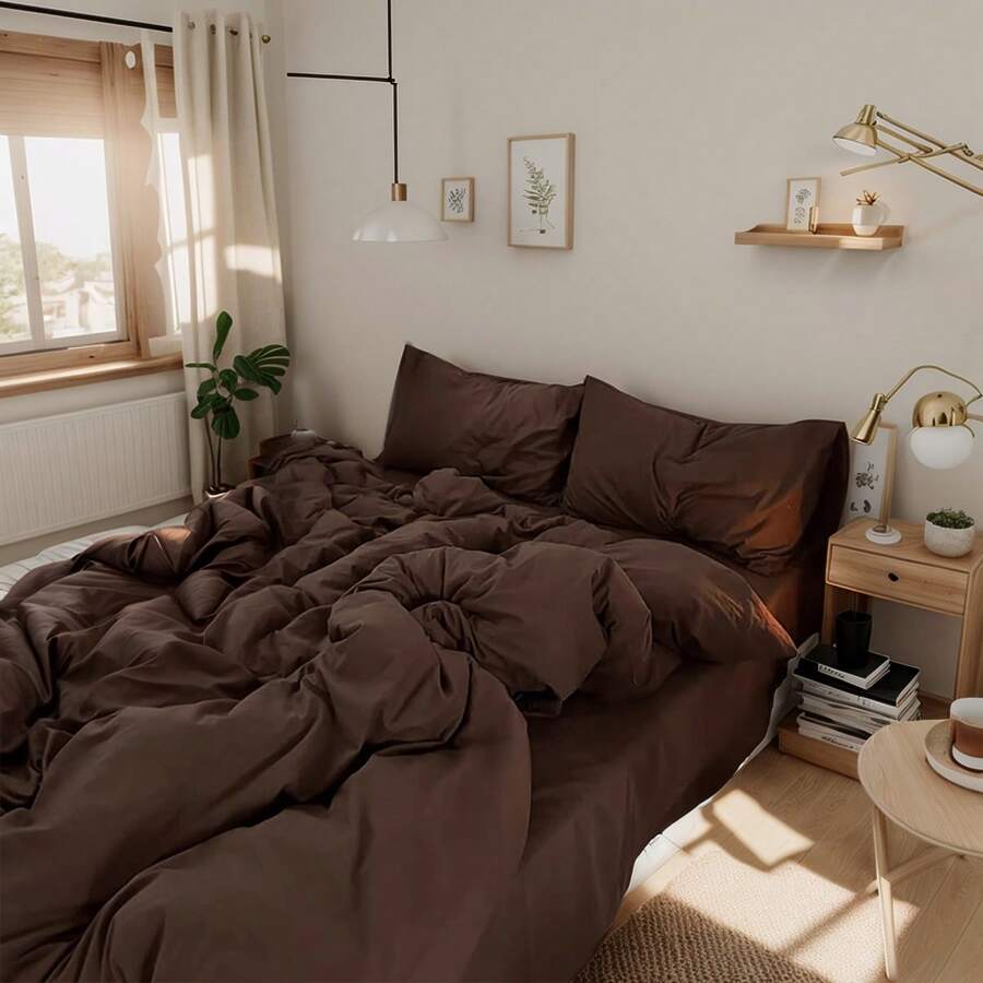 3pcs Medela Chocolate Color Simplistic INS Style Bedding Set, Including 2 Pillowcases And 1 Duvet Cover (No Bed Sheet) - Brown - View 1