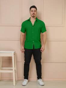 YLF MODAS Men's Short Sleeve Button Down Shirt Plain - Verde Oscuro - Ver 7