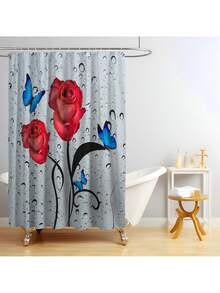 1pc/4pcs Romantic Rose & Butterfly Printed Bathroom Curtain Set, Adds Dreamy Atmosphere To Bathroom. Includes Shower Curtain With 12 Hooks, Bath Rug, U-Shaped Toilet Mat, Toilet Lid Cover, Bathroom Divider, Bathroom Accessories, Bathroom Decor