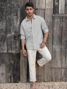 Runcati Mens Button Down Shirt Linen Cotton Shirts Casual Long Sleeve Spread Collar Lightweight Beach Plain Tops - 灰色 - 查看 3