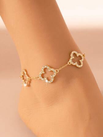 1 件时尚精致幸运四叶草镂空镀金脚链，适合女士，适合海滩度假，可作为礼物赠送朋友