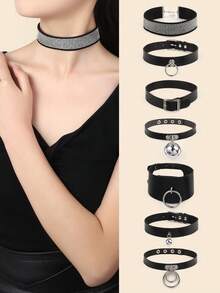 1pc Women's Rhinestone Choker Necklace Set, Includes Hanging Ring Pendant, Large Bell Pendant, Rectangular Pendant, Double Ring Pendant, Small Bell Pendant, Large Round Double Ring Pendant, Bohemian Fashion Punk Adjustable Collar Necklace - Black - View 11