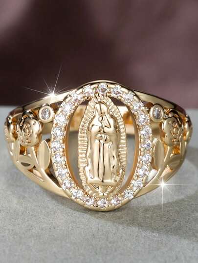 1pc Elegant Virgin Mary Cubic Zirconia Inlaid Ring, Suitable For Women, Hip-Hop Style, Daily Wear, Couple Jewelry