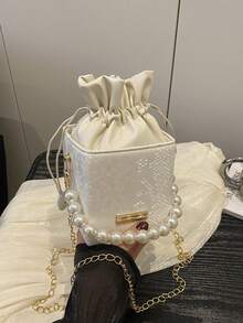 Mini bolsa de cordón con textura de patrón de cocodrilo, bolso de acrílico de moda con asa de perlas - Beis - Ver 12