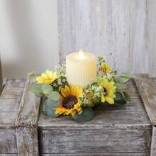 1pc Home Decor Small Wreath, Spring Sunflower & Eucalyptus Candle Holder Wreath, Wedding Party Festival Decoration Mini Ornament, Table Centerpiece Artificial Flowers