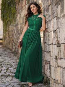 MIUSOL Mock Neck Floral Lace Scallop Trim Chiffon Formal Party Maxi Dress, Elegant Party Dress For Women, Formal Evening Gown, Prom Dress, For Wedding Guest, Graduation, Dinner - Green - View 4