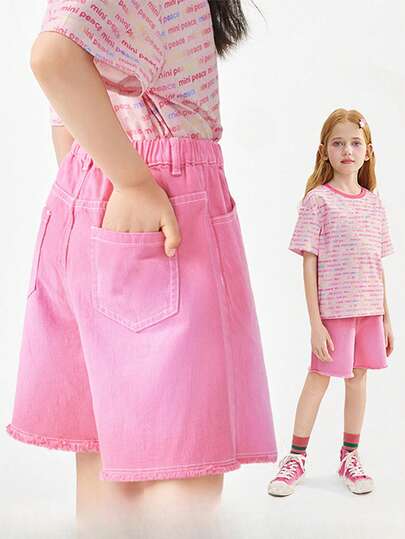 Shorts di cotone casual e larghi da ragazza con stampa a dopamina