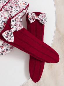 Spring/Summer Baby Girl 3pcs Set: Cap Sleeve Bodysuit, Ditsy Floral Headband And Bow Socks - Burgundy - View 5