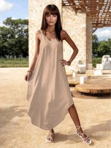 Vestido Midi Holgado de Escote en V con Tirantes - Caqui - Ver 3