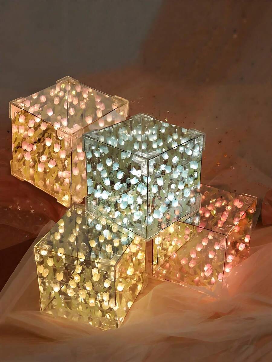 1个DIY郁金香立方体镜灯，郁金香夜灯，卧室装饰夜灯，人造花夜灯，手工DIY郁金香花灯镜二合一，郁金香夜灯，适用于房间和卧室装饰 - 小型桌面装饰和氛围灯，20朵花生日礼物，送给女性和女孩的贴心惊喜礼物，送给女朋友、同学、朋友的礼物，母亲节、生日礼物（半成品，未完成）