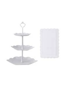 Set de 2 piezas de plataformas para pasteles de plástico blanco, set de plataforma de 3 niveles para exhibir magdalenas, galletas, postres y 1 pieza de bandeja para postres, adecuado para baby showers, tés, bodas, fiestas de cumpleaños, revelación de género, decoraciones de baby shower