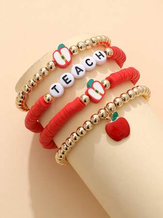 4pcs Fashion & Elegant "TEACH" Letter & Apple Charm Elastic Bracelets Set, Suitable For Graduation, Holiday Gifts