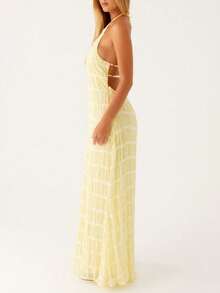 Women's Backless Smocked Maxi Dress Sexy Spaghetti Strap Cut Out Flowy Beach Long Dress Vacation Casual Sundresses Ivory White - 黃色 - 查看 5