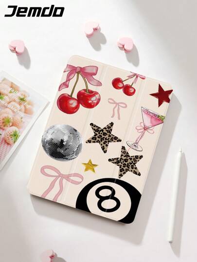 Leopard Print & Cherry Bow Pattern Tablet Protective Case, Compatible With IPad 10.2-Inch, IPad Pro 2021/2020, IPad 9th/10th Gen, Galaxy Tab A8 10.5-Inch 2022, Matepad 10.4/Tab, Mi Pad, Anti-Drop, With Pen Slot, Support Sleep/Wake Function