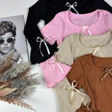Blusinha Infantil Meninas Estilosas Blusa Manga Flare Laço Canelada Lançamento Modinha