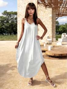 Loose V-Neck Midi Dress With Straps - 白色 - 查看 3