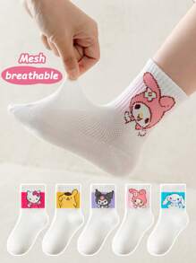 5 Pares de Meias Curtas para Meninas Sanrio, Meias Decorativas com Estampa Fofa de Coelho, Meias Casuais de Esporte na Moda e Versáteis, Meias Respiráveis Macias e Agradáveis à Pele até o Tornozelo, Adequadas para Uso Diário, Festas, Viagens, Festas, Volta às Aulas