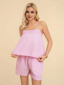 Conjunto De Dos Piezas Holgado Y Casual De Color Sólido Para Mujer - Rosa Fucsia - Ver 4